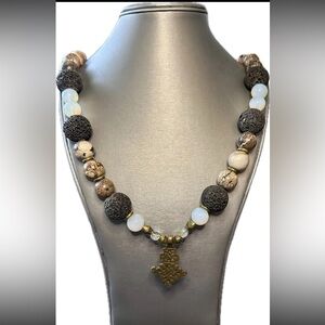 Black-lava stone Brown-Jasper White/ clear - opalite African brass spacers 30”